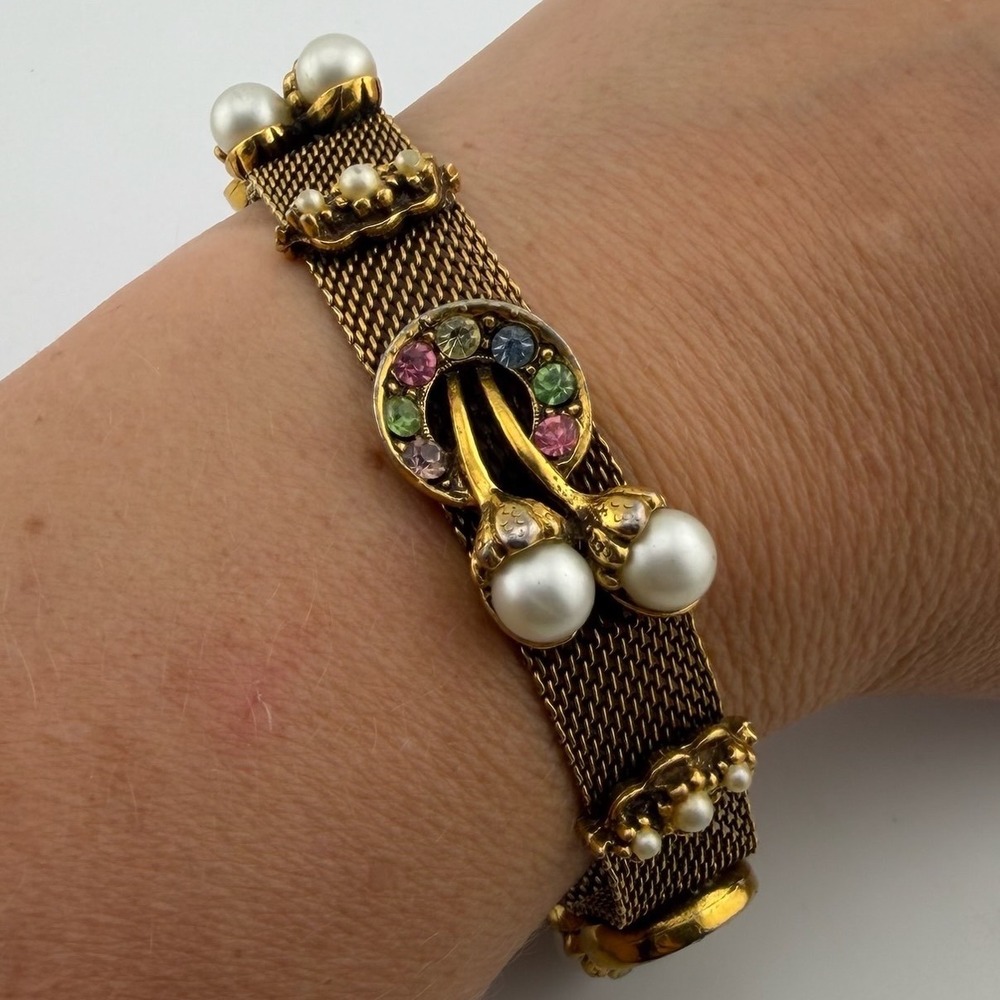 Vintage Goldette Gold Tone Mesh Bracelet Faux Pearl Rhinestone Victorian Revival